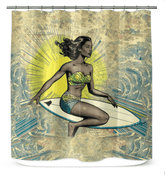 Surfing 1 16 Shower Curtain hanging in a bathroom, showcasing its vivid surf design for a lively and stylish seaside ambiance.